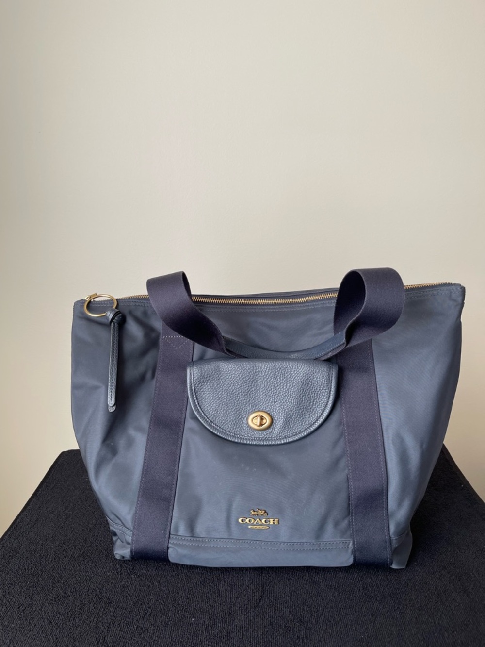 COACH Navy Blue Nylon Tote with Gold Hardware